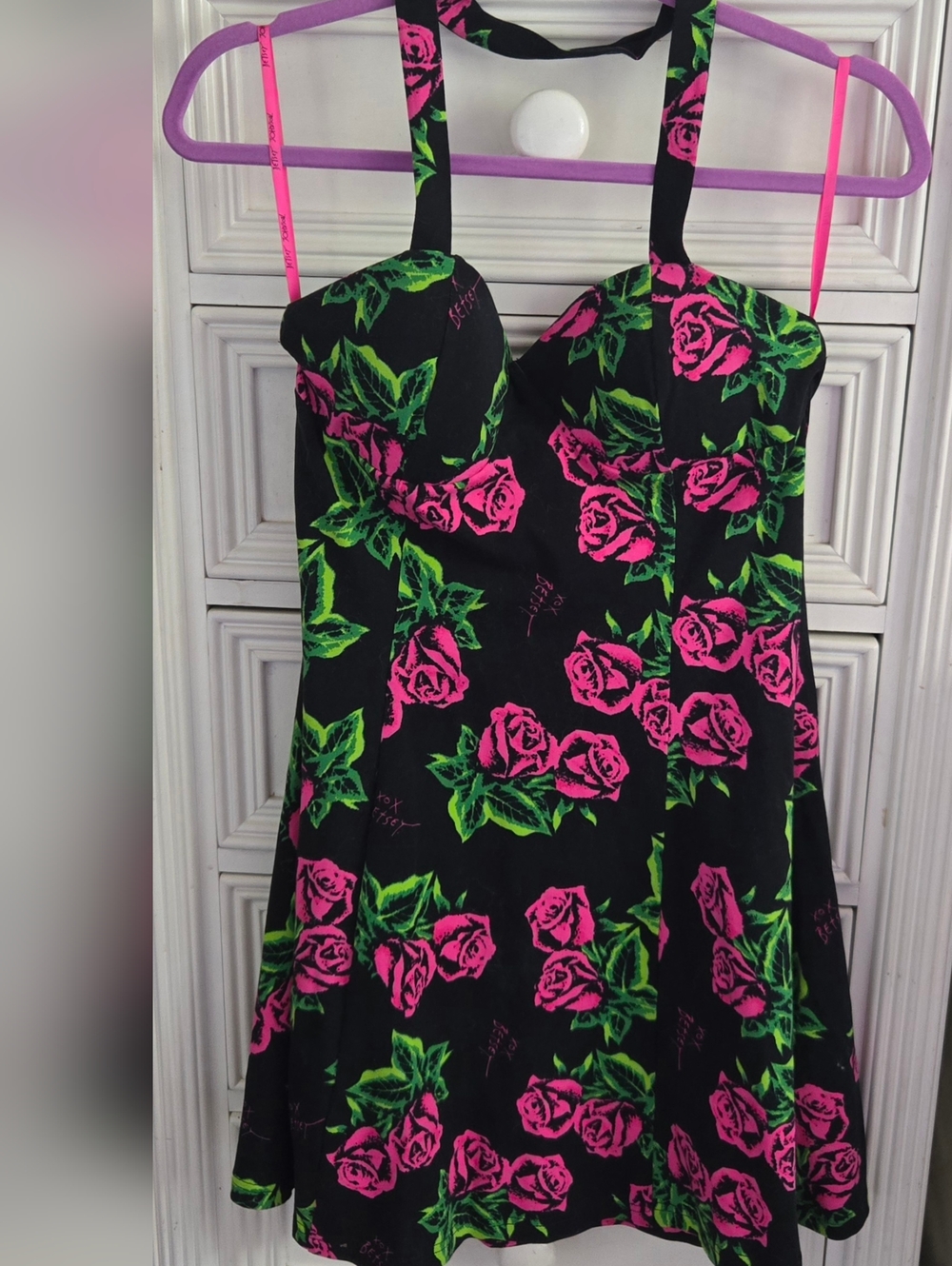Betsey Johnson Black and Pink Rose Halter Mini Dress Size M